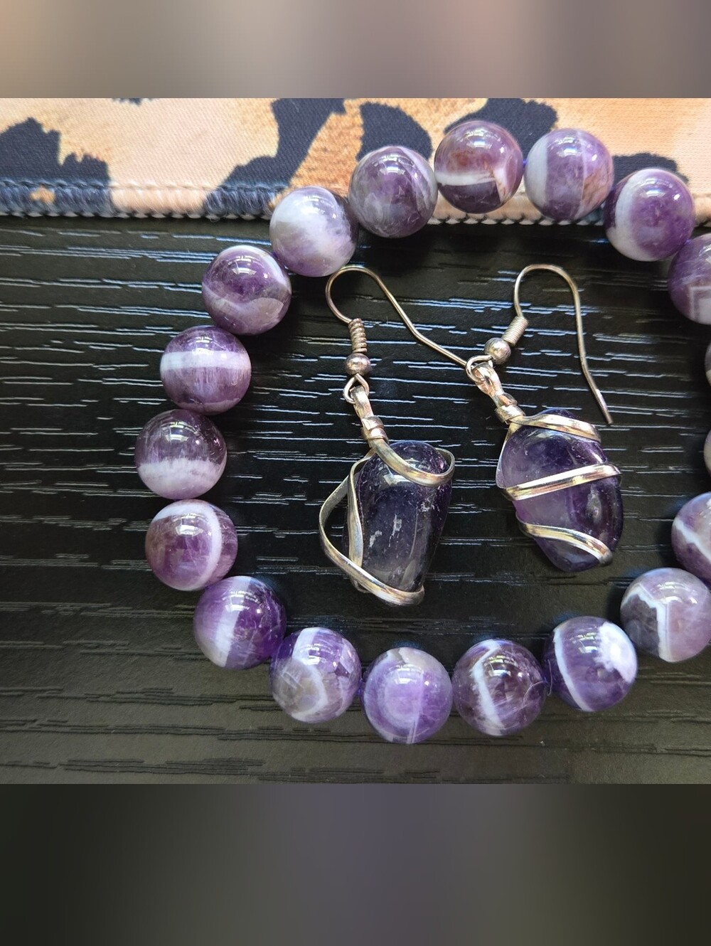 Amethyst Bead Bracelet with Wrapped Amethyst Drop Earrings
